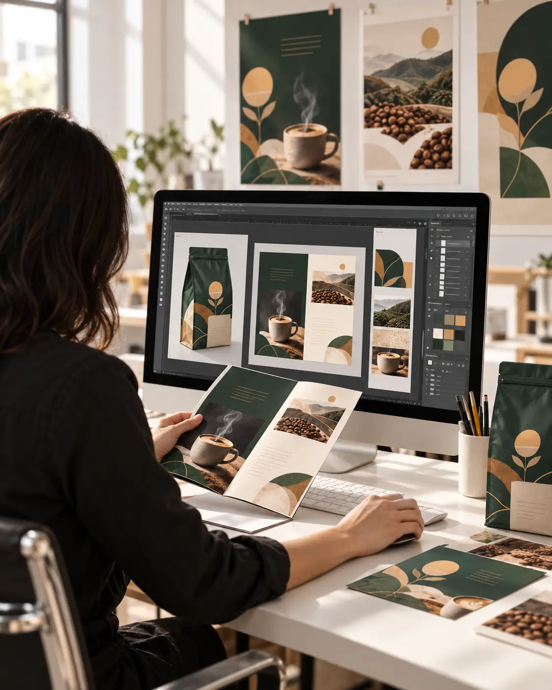 Graphic designer creating coffee packaging and brochure design on screen and in print at 7stein