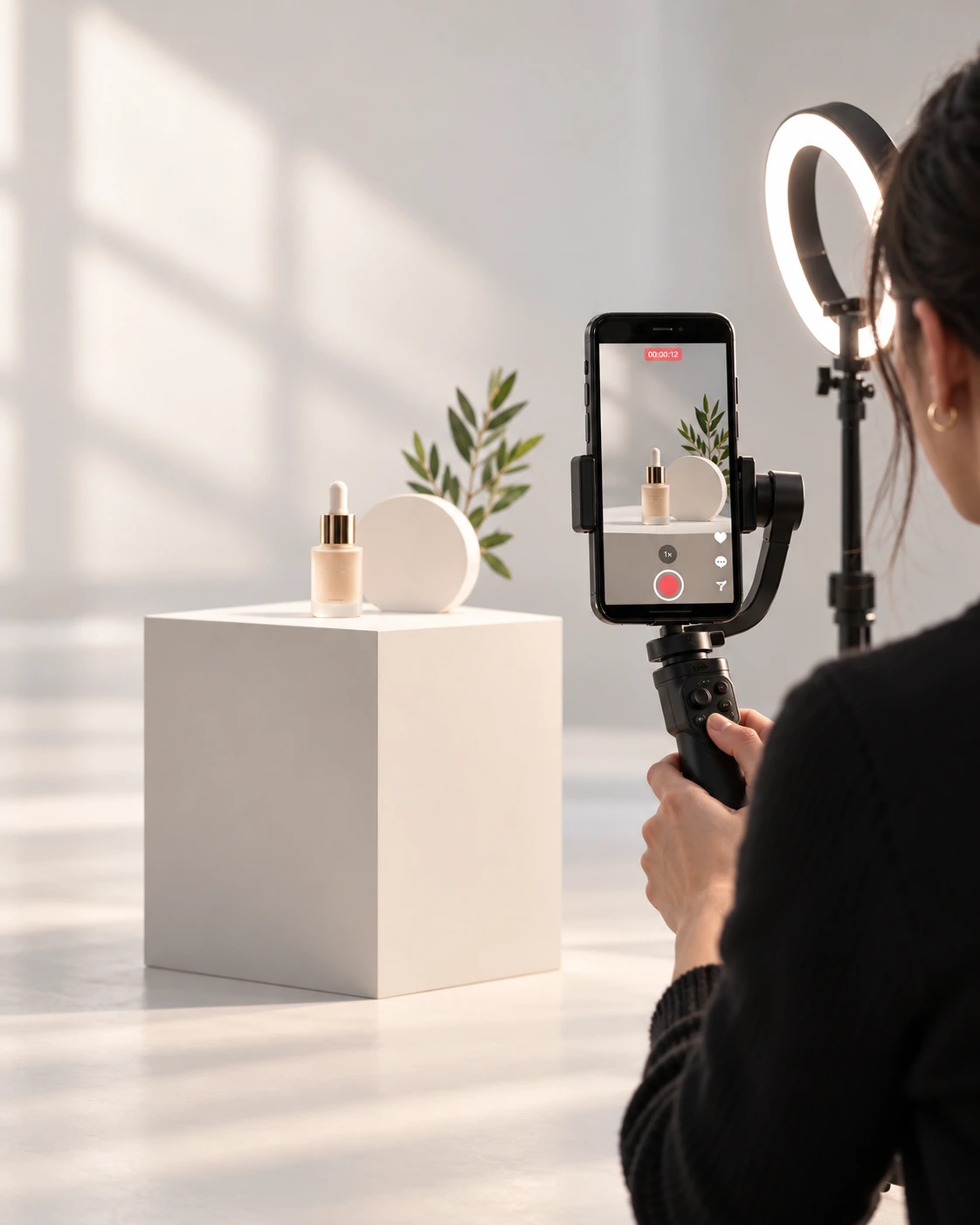 Content creator filming a vertical social media video of a skincare product at 7stein